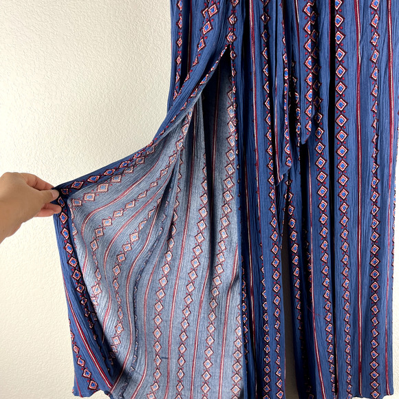 L'atiste Wide Leg Pants Womens Large Blue Size Zip Slit Waist Tie Boho Aztec - Picture 5 of 14